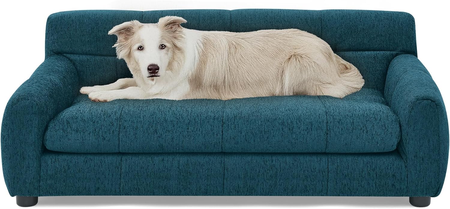 Pet Sofa for Small and Medium Dogs, Blue Rectangular Modern Design with Backrest and Armrests, 38x14.5x10.5 Inches