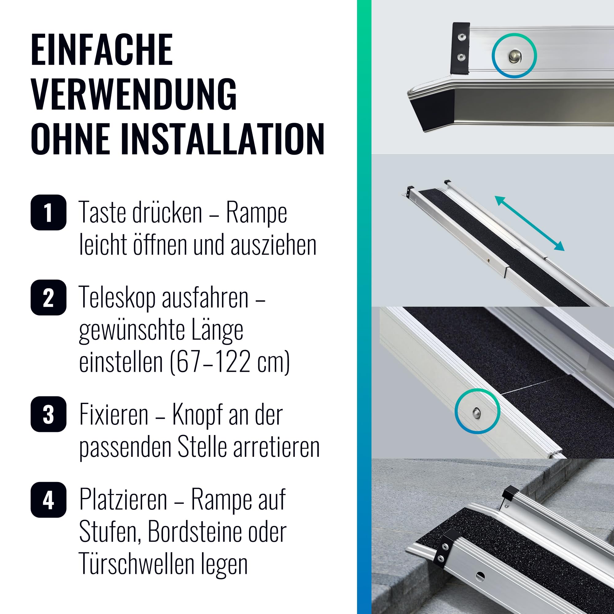 Rollstuhlrampe Alurampe Rollstuhl Aluminium Rampe Klappbar Teleskoprampe Alu, Rollstuhlrampe Teleskoprampe:122cm