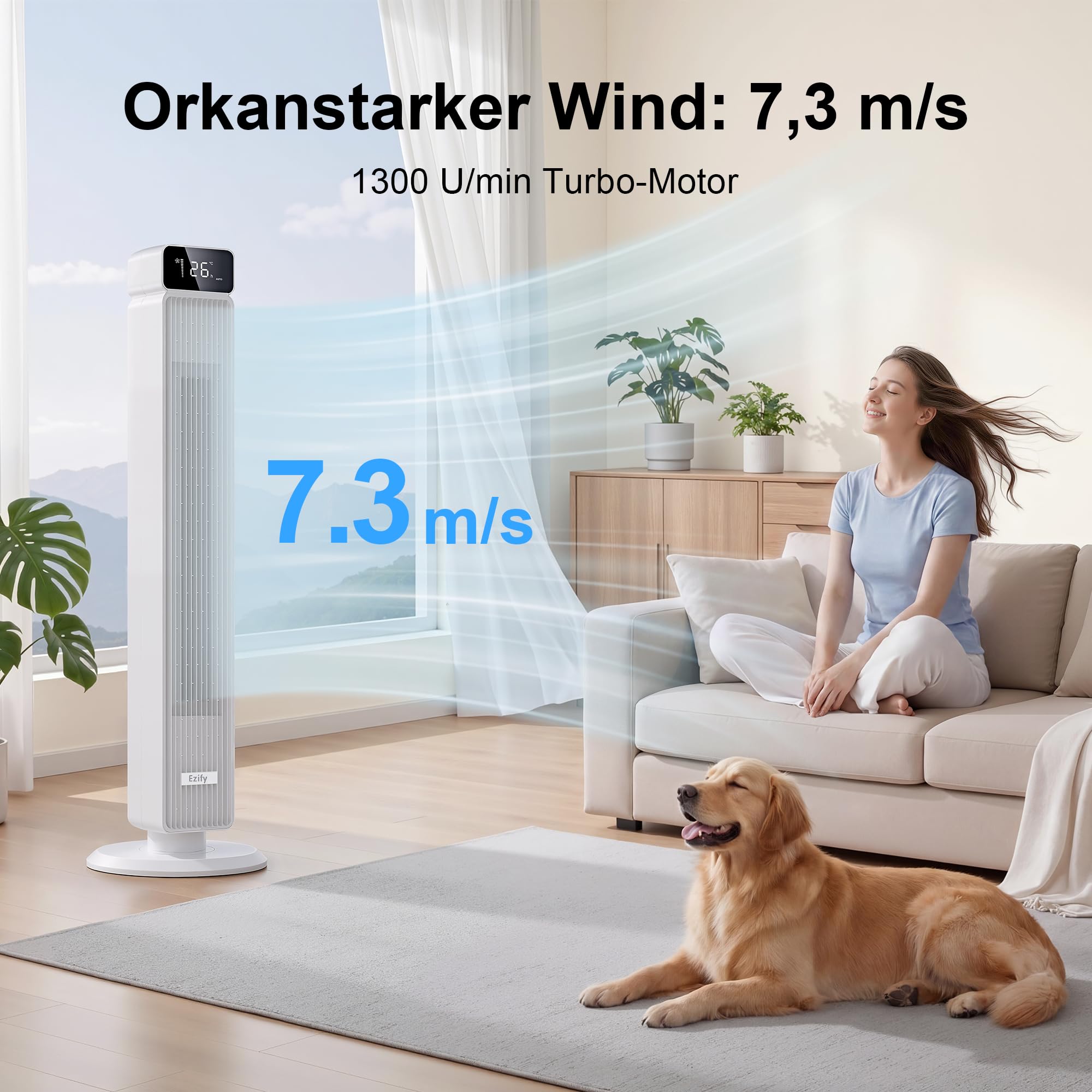 Turmventilator Sehr Leise, 7,3 m/s Starkwind & 30 dB Nachtmodus Ventilator Leise, 90° Oszillation, 6 Stufen, 12H Timer, Standventilator mit fernbedienung für Schlafzimmer, Büro