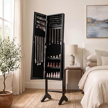 GIANTEX Jewelry Armoire with Full Length Mirror, Freestanding Jewelry Organizer Cabinet with Ring Slots, Earring Holders, Necklace Hooks & Storage Shelves for Bedroom (Black)