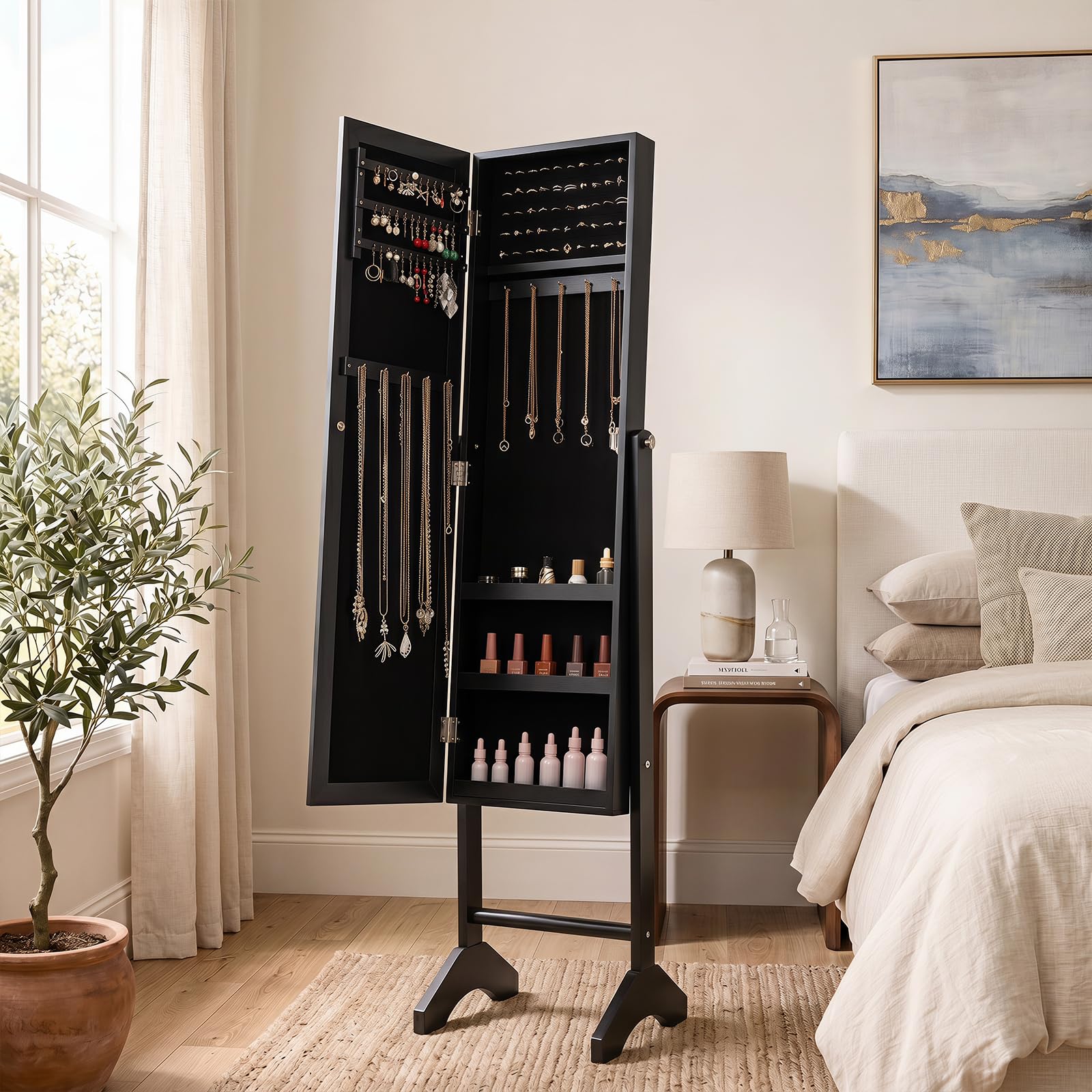 Giantex Jewelry Armoire with Full Length Mirror Freestanding Jewelry Organizer Cabinet with Ring Slots Earring Holders Necklace Hooks & Storage Shelves for Bedroom Black product thumbnail 4