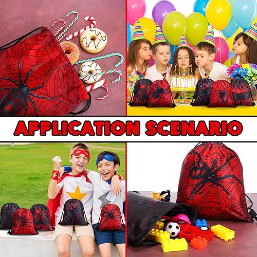 Vista 7 de Lothee 15 bolsas de tela de araña con cordón, decoración de fiesta de cumpleaños, bolsa de regalo de araña, mochila para niños para suministros