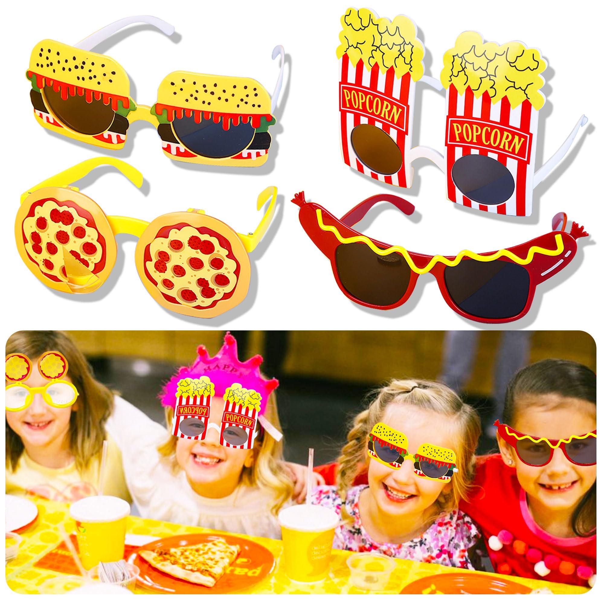 Party Sunglasses, Pizza Party Supplies Glasses - 4 Pairs Funny Beach Sunglasses, Popcorn, Hamburger, Pizza, Hot dog Modeling - Funny Eyewear for Birthday, Movie, Bachelorette, and Beach Parties