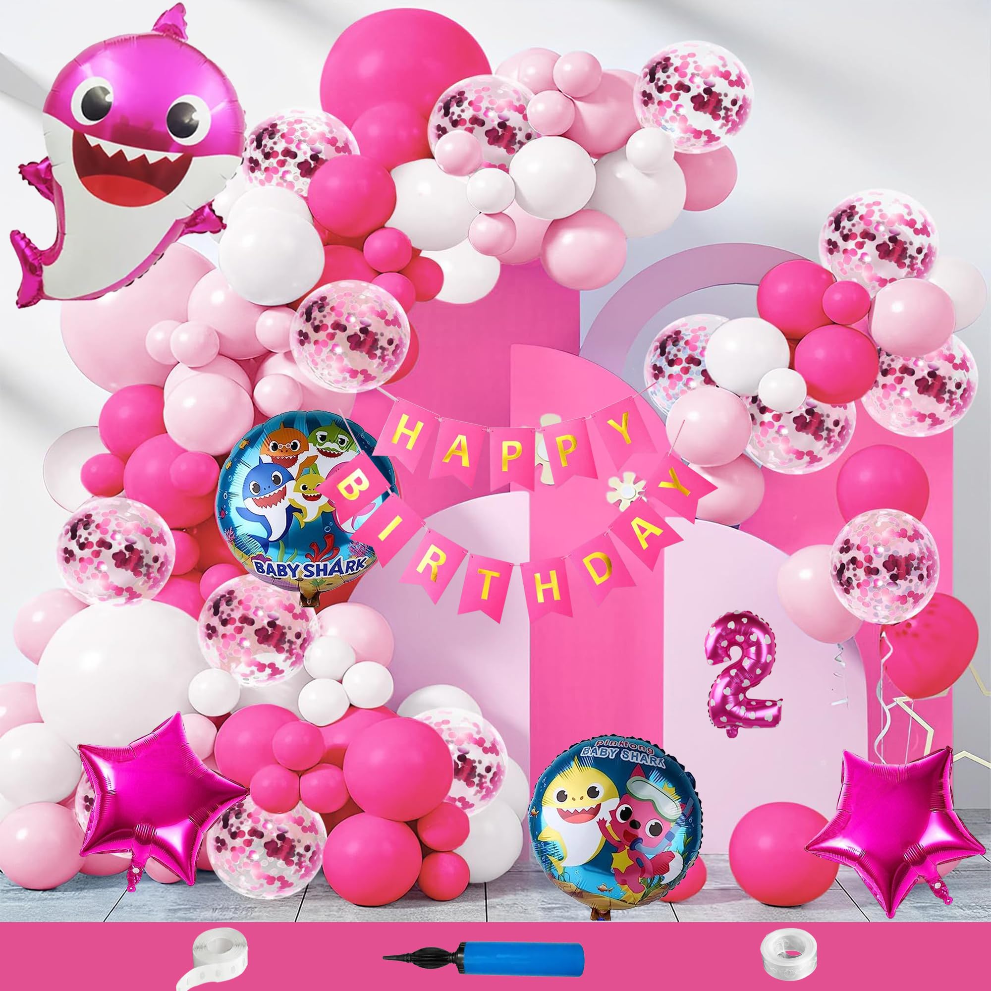 2 Year Happy Birthday Decoration Kit Combo With Ocean Shark Theme Foil Set Pastel Confettie Balloons For Kids Party Celebrations Pack of 90 Pink