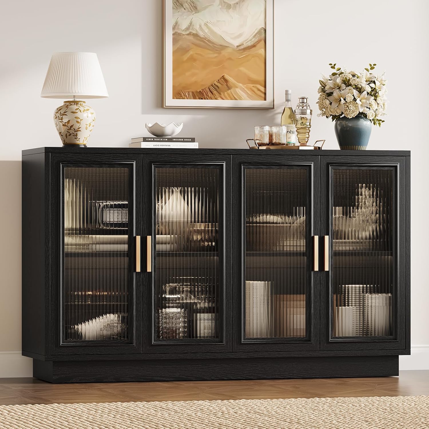 Sideboard Buffet Cabinet with Storage - 55.1" Wood Kitchen Cabinets with 4 Doors, Black Large Buffet Table, Mid Century Modern Credenza Coffee Bar for Dining Room, Living Room, Entryway