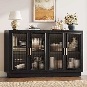 Sideboard Buffet Cabinet with Storage - 55.1" Wood Kitchen Cabinets with 4 Doors, Black Large Buffet Table, Mid Century Modern Credenza Coffee Bar for Dining Room, Living Room, Entryway