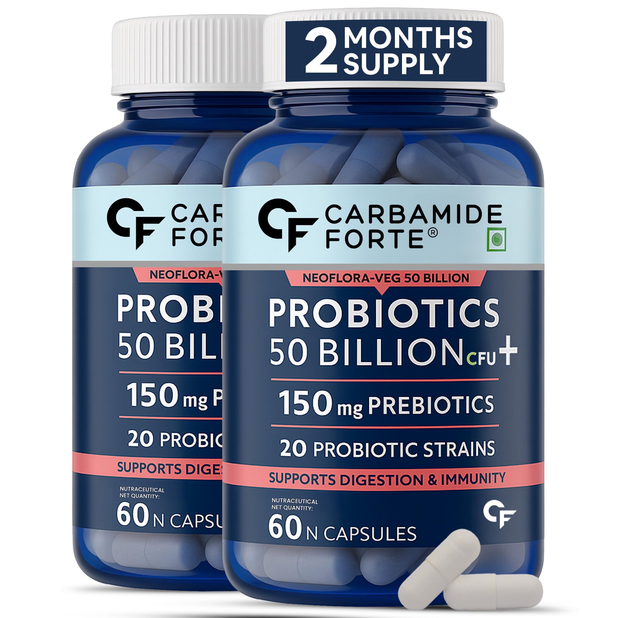 Carbamide Forte Probiotics Supplement 50 Billion CFU for Women & Men | Probiotics for Gut Health Supplement | Support Digestion & Immunity | Gut Health Probiotics – 60 Veg Capsules (Pack of 2)