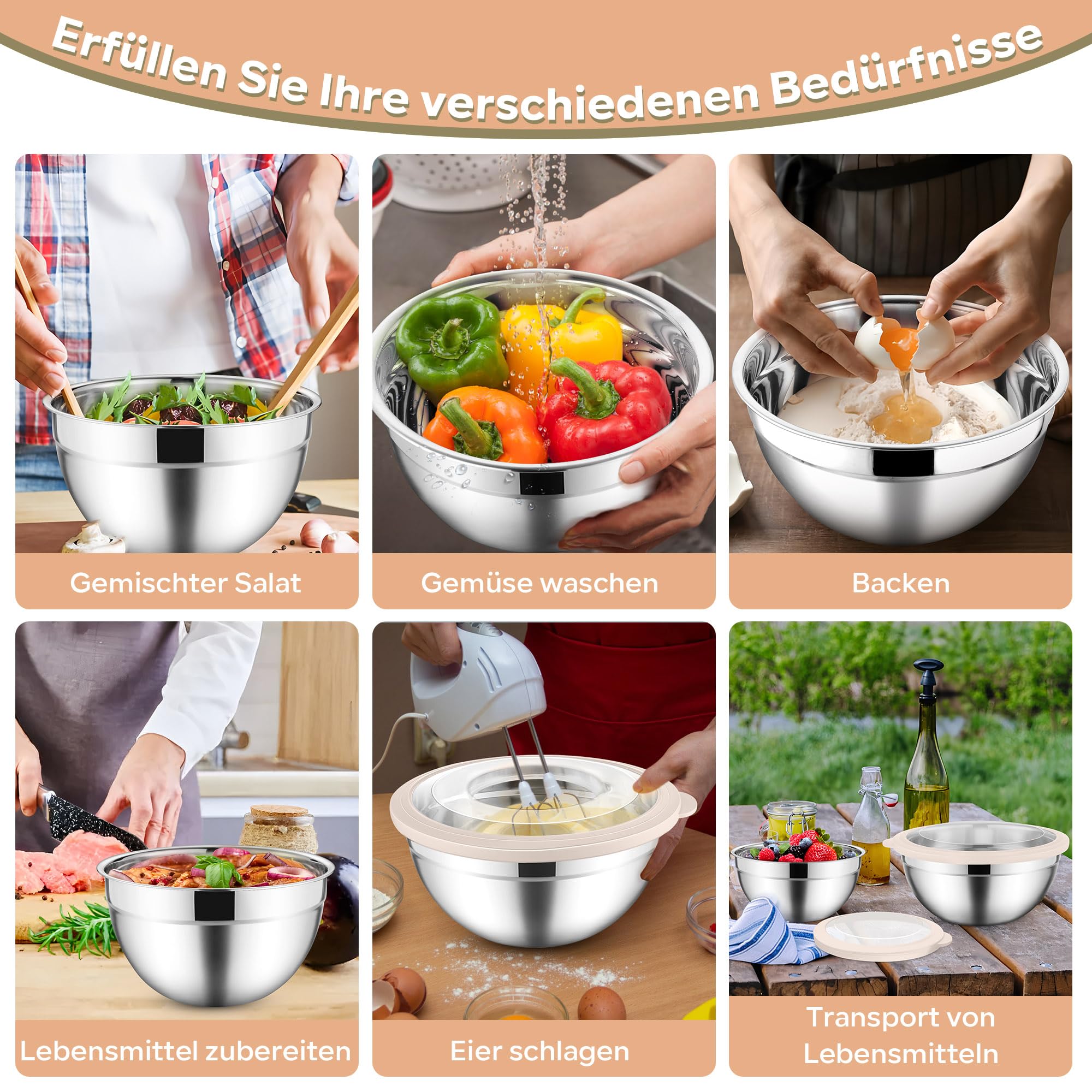 HaWare Zestaw 5 misek do mieszania ze stali nierdzewnej, z przezroczystymi, hermetycznymi pokrywkami i 3 nakładkami do tarcia do gotowania, pieczenia, 4,5 l/2,8 l, 1,5 l/1,2 l/0,7 l, możliwość mycia w