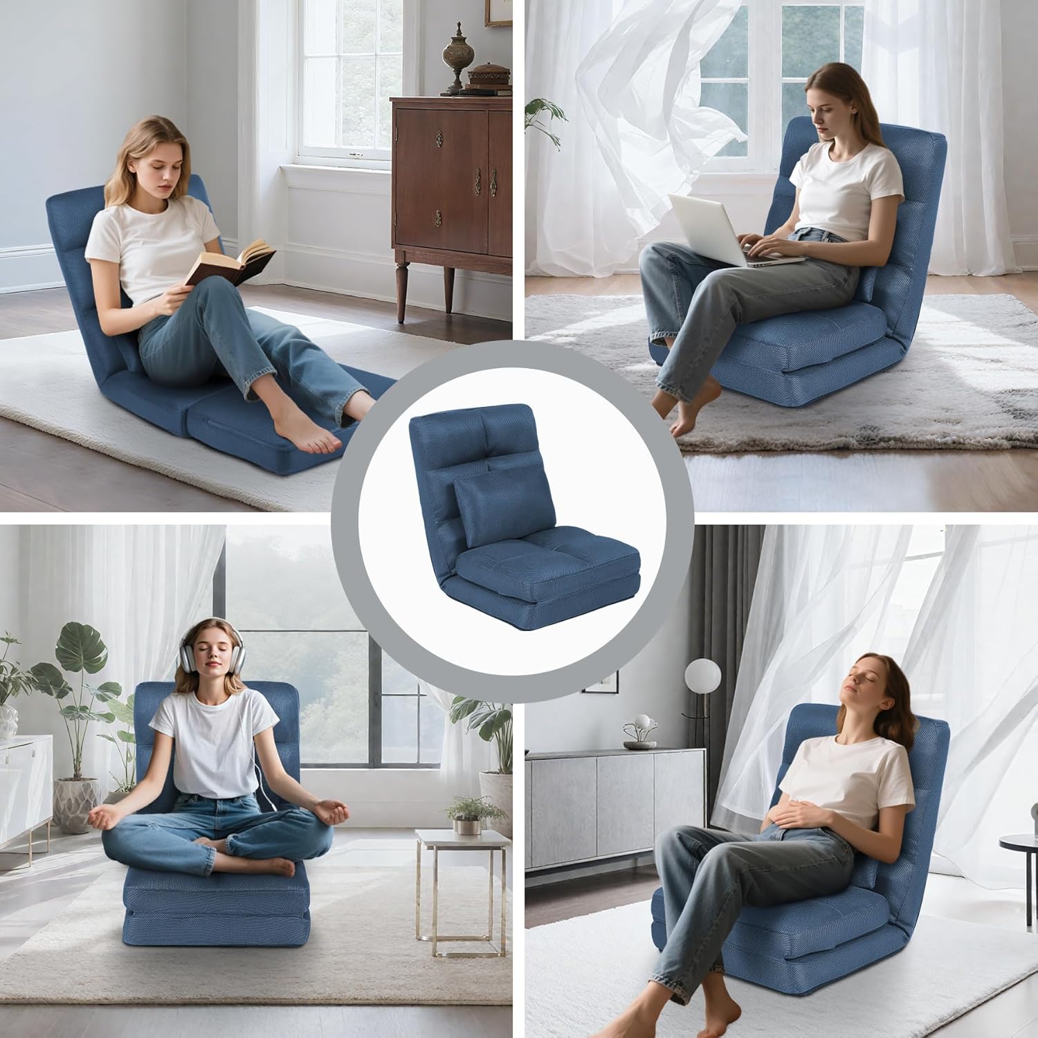 Indoor Chaise Lounge Sofa, Floor Chair with Back Support for Adults, 14 Angle Adjustment Recliner Chair, Folding Floor Lounger with Pillow 8823W (Blue)