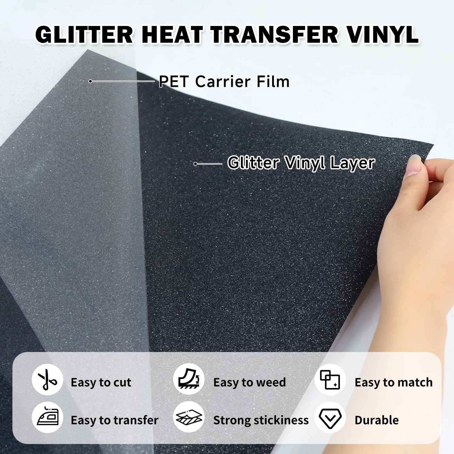 TUMIYA Black Glitter Heat Transfer Vinyl HTV Roll - 12" x 10 Ft Iron On Vinyl for T-Shirts, HTV Vinyl for All Cutter Machines Easy to Cut & Weed for DIY Iron on Design