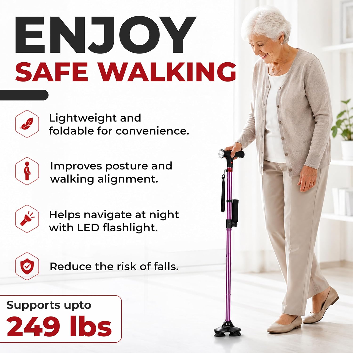 Shop LC Soulsmart Walking Quad Cane for Seniors Adults Men Women | Foldable, LED Light, SOS Alarm, 2 Handles, Adjustable Height, Lightweight Aluminum