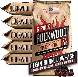Rockwood Premium Barbecue Lump Charcoal – Oak, Hickory & Cherry Hardwood Blend for Rich Smoky Flavor & Clean Burn BBQ – Ideal for Kettle & Kamado Grills – Lump Charcoal for Grilling – 20lbs (6 Packs)