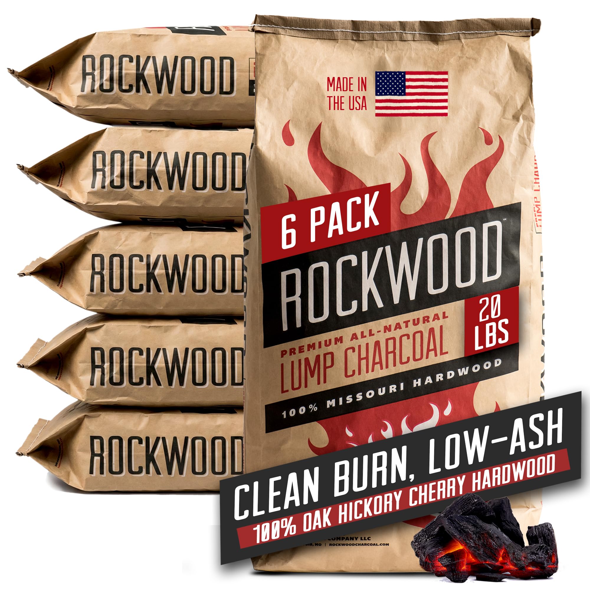 Rockwood Natural Lump Charcoal – Hardwood Lump Charcoal - 20 lbs, 6 Packs