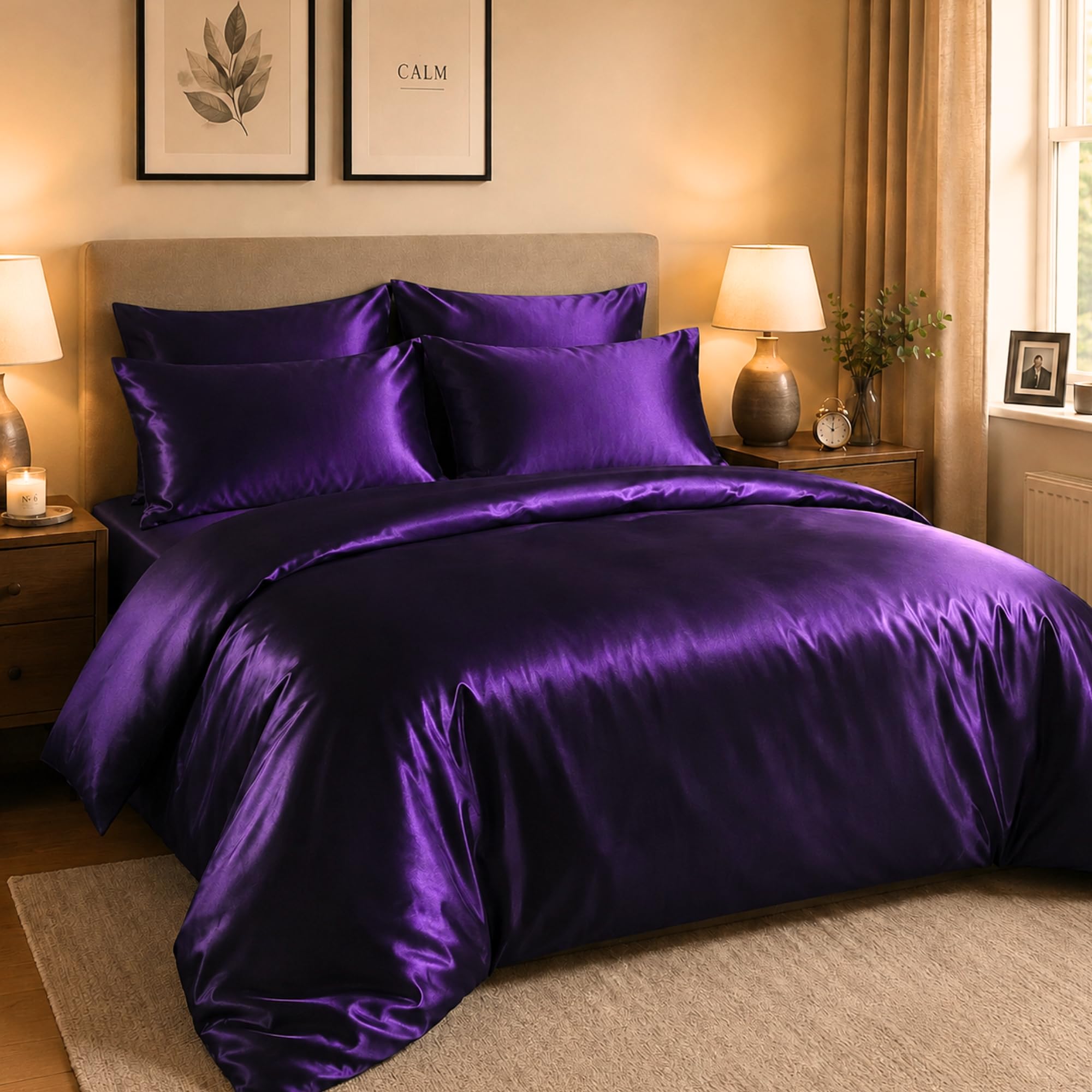 Hadi London Satin Silk 6 Piece Complete Bedding Set with Silky Deep Fitted Sheet Reversible Duvet Cover Comforter & 4 Pillowcases for Single Double King Super King Size Bed (Aubergine, Super King)