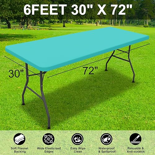 Miniatura 6 de smiry Mantel rectangular, mantel de vinilo elástico ajustable con parte trasera de franela para mesas plegables de 6 pies, fundas de mesa