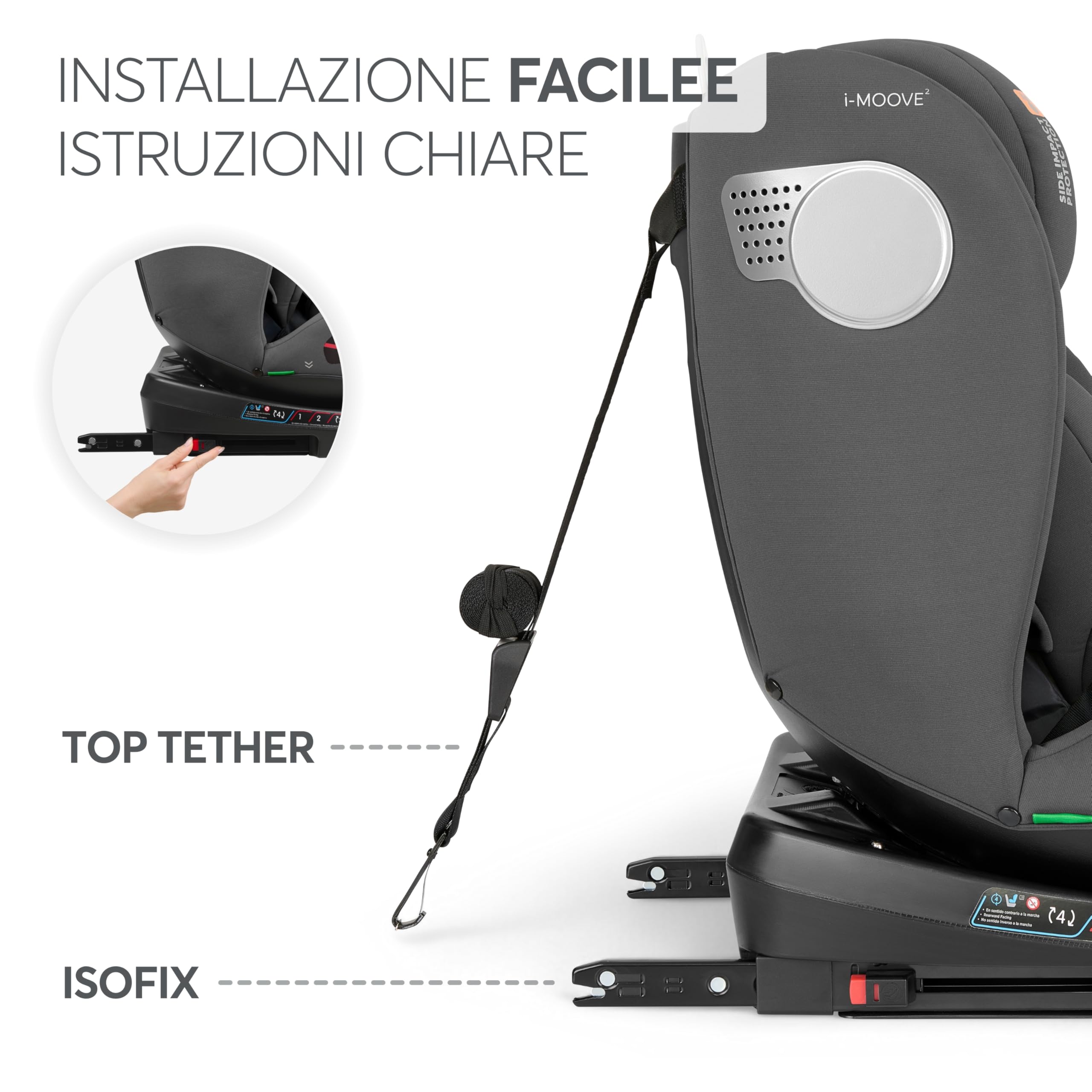 KikkaBoo Seggiolino Auto 0–36 kg ISOFIX i-Size i-MOOVE 2, 40–150 cm, Rotazione 360°, Reclinabile, Poggiatesta Regolabile, Contro e Fronte Marcia, Grigio Scuro