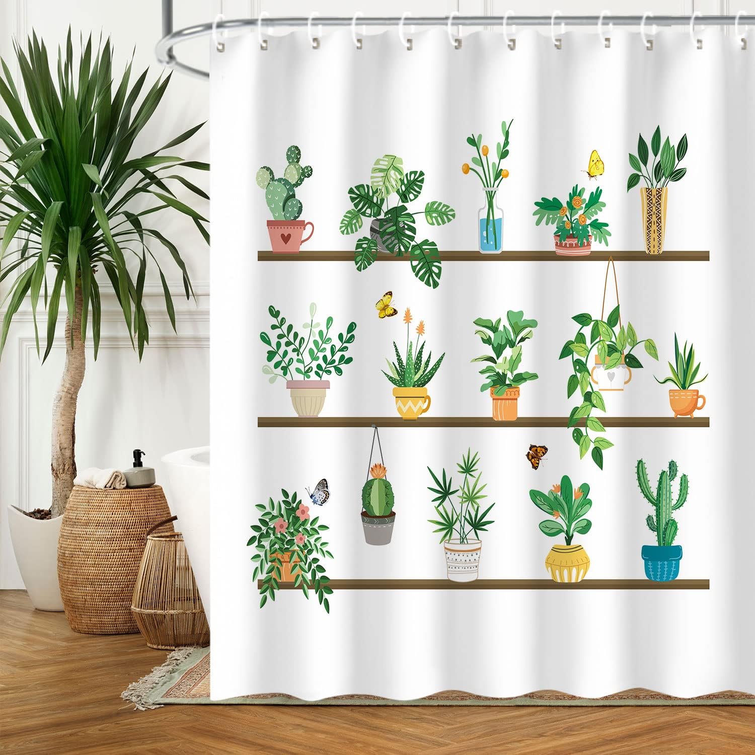 LIVILAN Succulent Plants Shower Curtain, Cactus Potted Fabric Bathroom Curtains Set with Hooks, Green Bathroom Decor 72x72 Inches Machine Washable