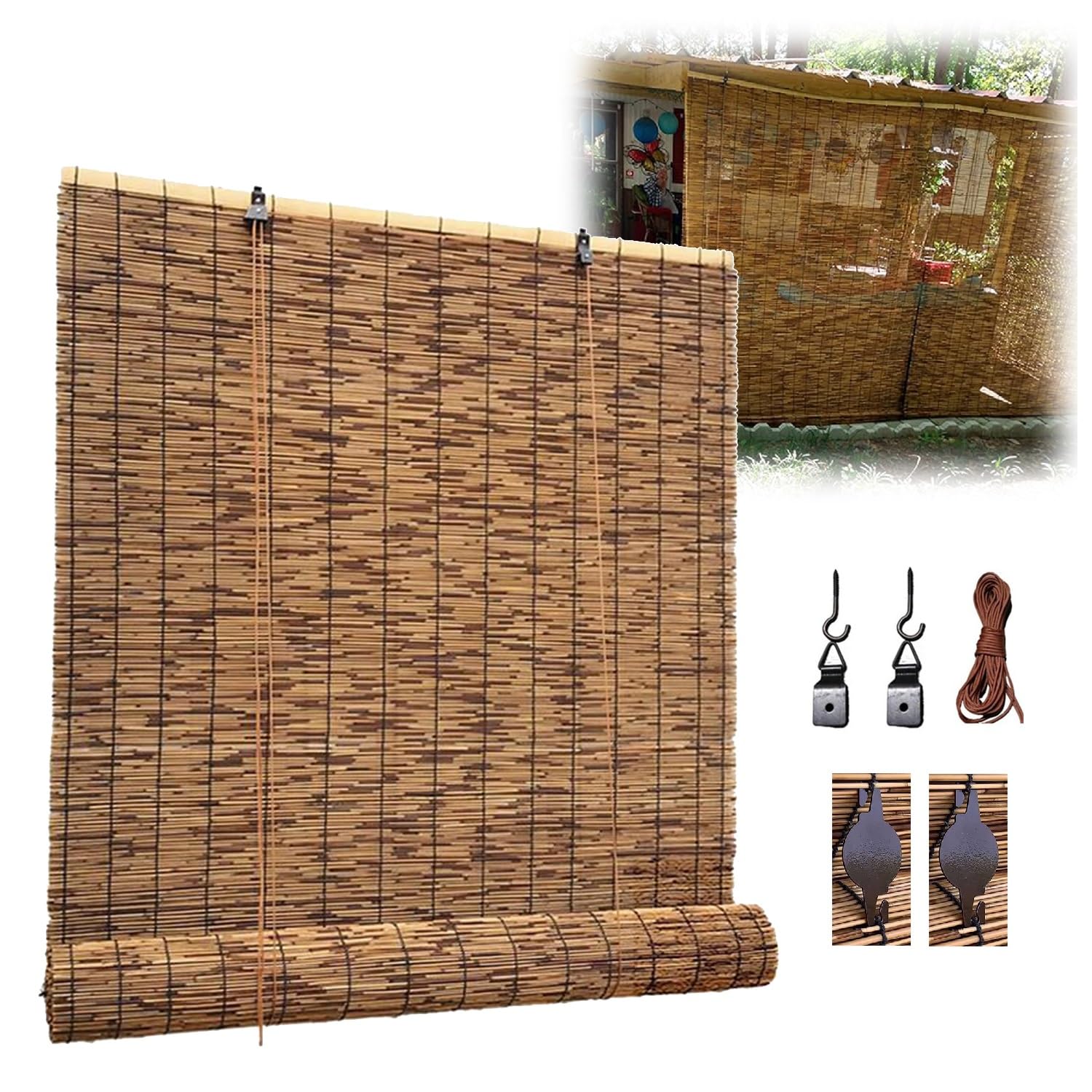 NEFMUKJ Custom Made Natural Bamboo Roller Blinds Reed Blinds for Windows 52 62 72 82 92 102 112 122 132 142 152 162cm Retro Bamboo Shades for Patio Indoor/Outdoor Porch Privacy-Brown