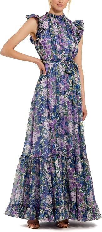Mac Duggal Belted Floral Chiffon Ruffle Sleeve Gown