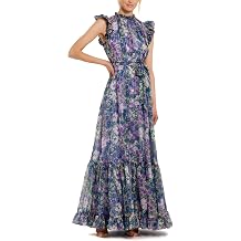 Mac Duggal Belted Floral Chiffon Ruffle Sleeve Gown