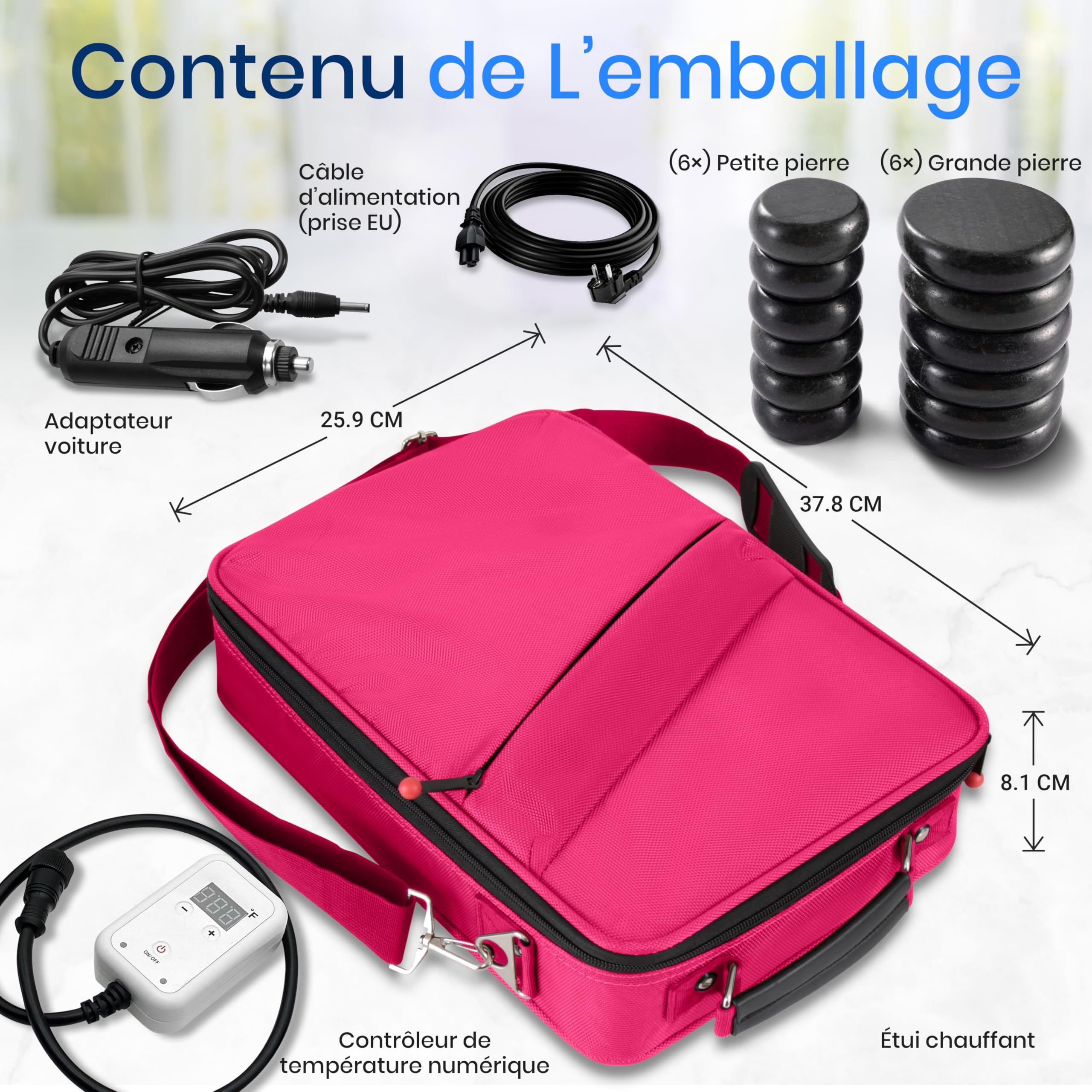 SereneLife Kit de Massage à Pierre Chaude – Système Portable de Thérapie avec Pierre Chauffée, avec Contrôleur Numérique de Température, 12 Pierres de Massage, Pierres Rondes Basaltiques Lisses