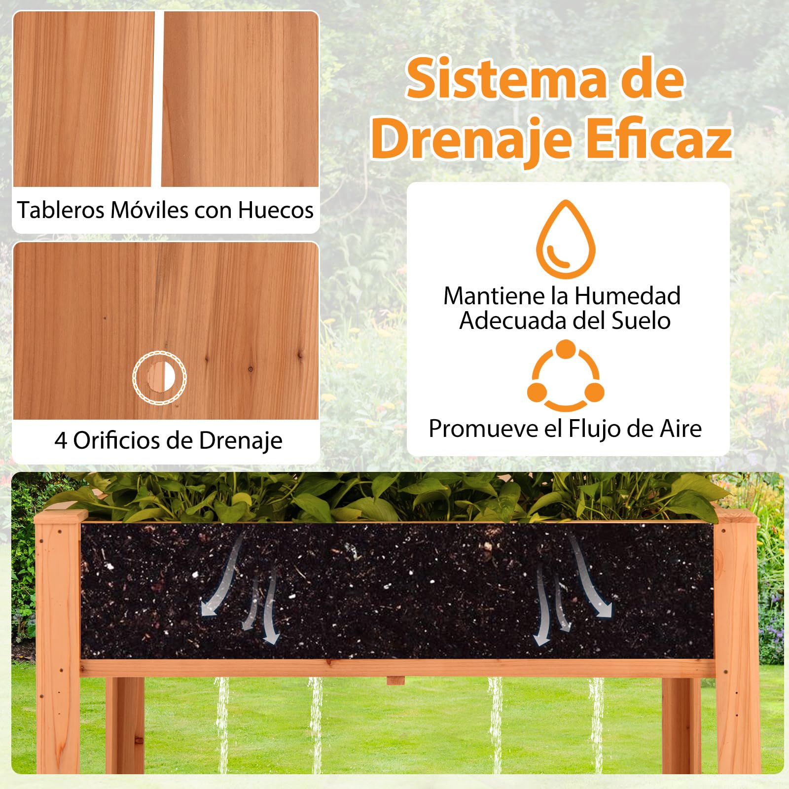 Cama de Jardín Elevada con Espaldera, Jardinera Elevada de Madera con Patas, Revestimiento, Estante de Almacenamiento y Agujeros de Drenaje para Plantas Trepadoras, Vides, Verduras, Hierbas (Marrón)