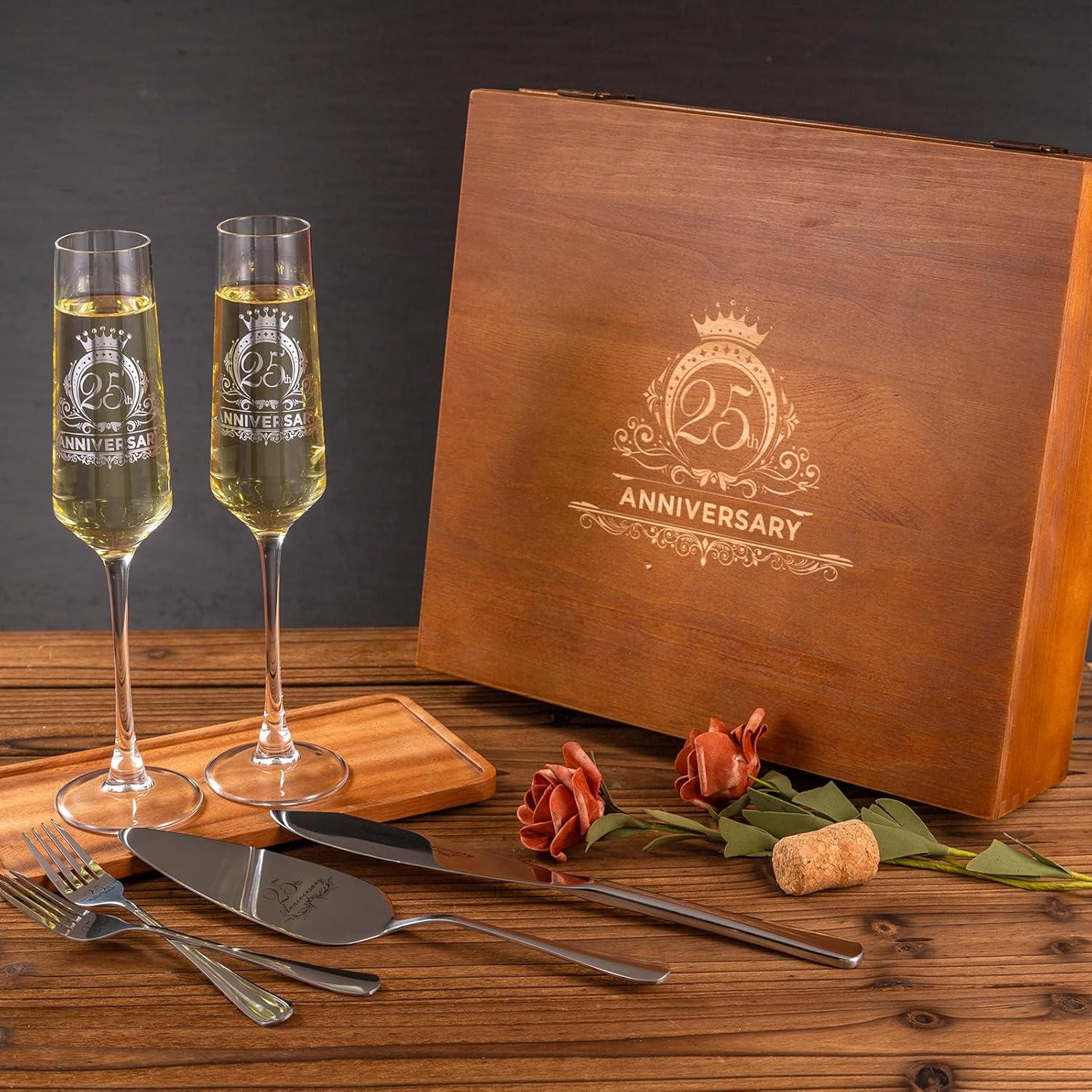 25th Anniversary Champagen Flutes Wedding Gifts for Couple, 25th Birthday Anniversary Decorations, Silver Cake Cutting Set for Wedding 25th Anniversary Presents - Image 3