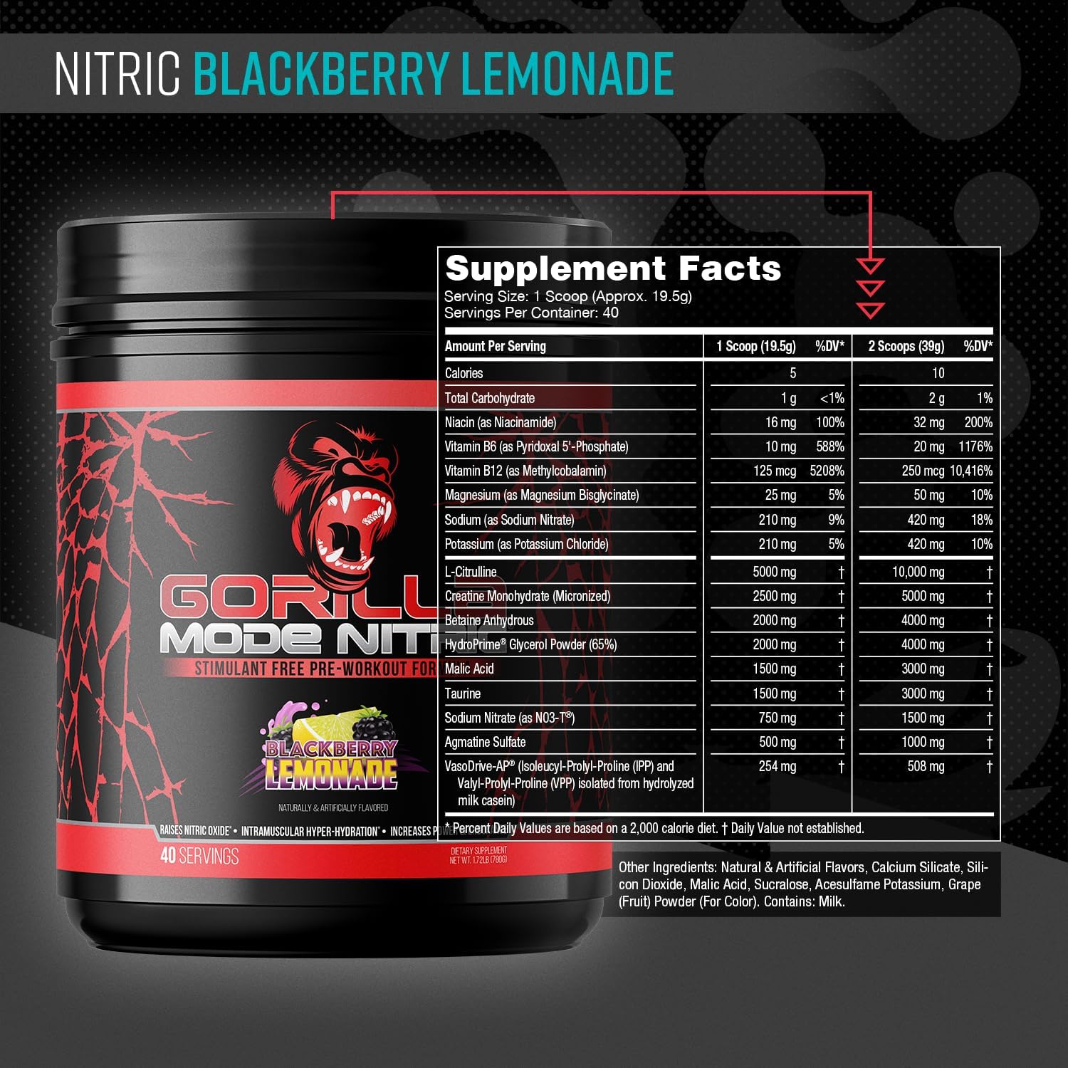 Gorilla Mode Nitric Upgraded Stimulant Free Pre-Workout – Best Tasting & Most Effective Stimulant Free Pre-Workout/Massive Pump · Vasodilation · Power / 780 Grams (BlackBerry Lemonade) - Image 2