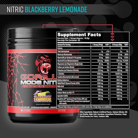 Gorilla Mode Nitric Upgraded Stimulant Free Pre-Workout Best Tasting & Most Effective Stimulant Free Pre-Workout/Massive Pump Vasodilation Power / 780 Grams (BlackBerry Lemonade)
