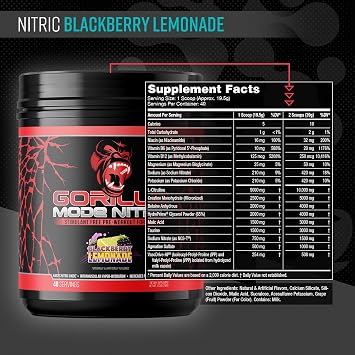 Gorilla Mode Nitric Upgraded Stimulant Free Pre-Workout Best Tasting & Most Effective Stimulant Free Pre-Workout/Massive Pump Vasodilation Power / 780 Grams (BlackBerry Lemonade)