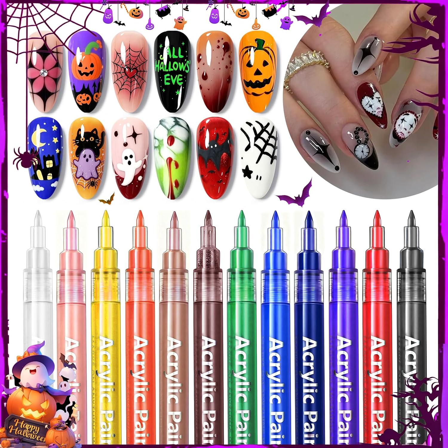 Born Pretty 12 Colors Nail Art Pens Set Halloween Color 3D Nail Polish Pens