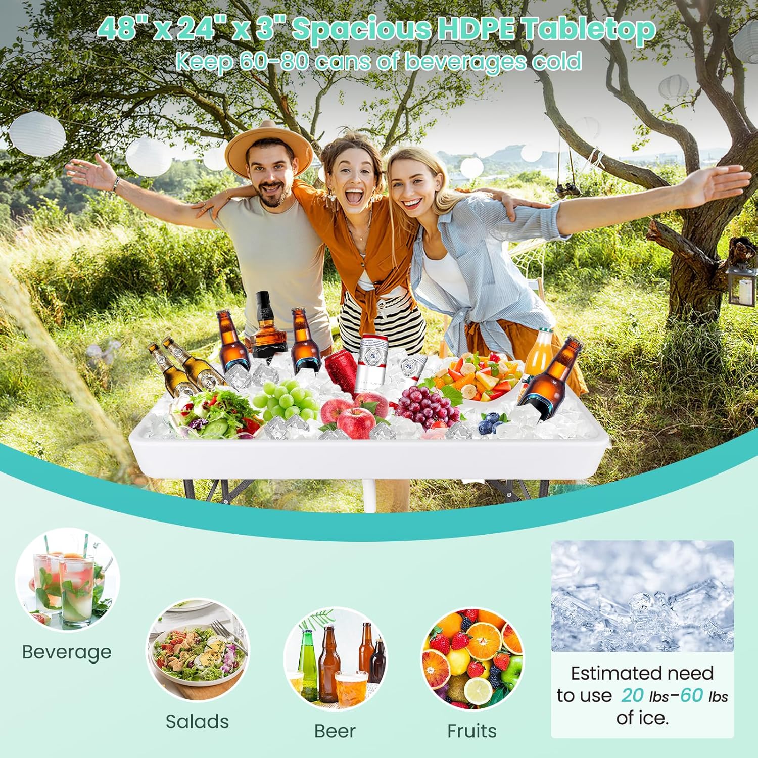LDAILY Cooler Table, Outdoor Beverage Ice Tables for Parties with Drain, 3” Deep Sink, Removable Matching Skirt, Portable Folding Fish Cleaning Table for Camping, Picnic, Wedding, BBQ, Buffet (White)