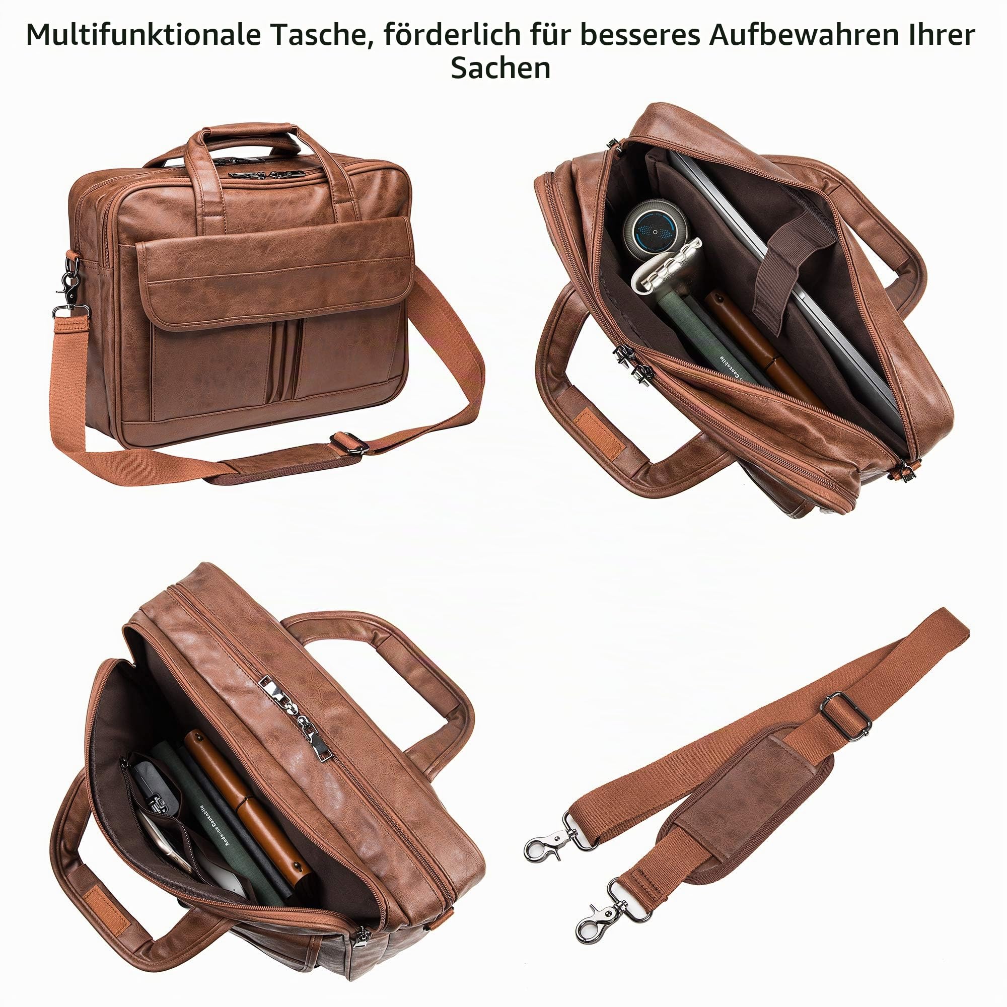 seyfocnia Aktentasche Herren ,laptoptasche PU Leder Laptoptasche 15 zoll, Wasserabweisend Business Taschen Herren , Lehrertasche Laptop Tasche für Die Arbeit (15.6 Zoll Braun)