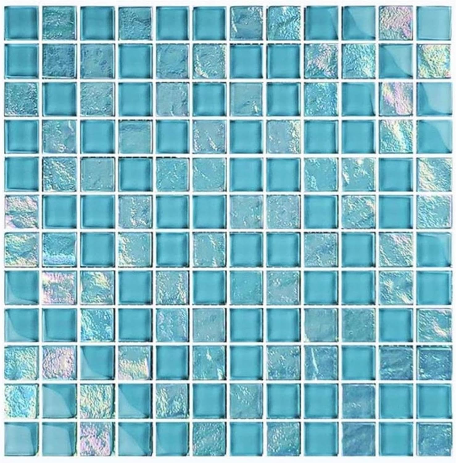 Tenedos Aqua Gleam 1x1 Glass Mosaic Tile – Polished Iridescent Blue Square Tile, 1 Sheet for Kitchen Backsplash, Bathroom Walls, Showers, Pools, Spas & Accent Décor (Box of 11 Sheets)