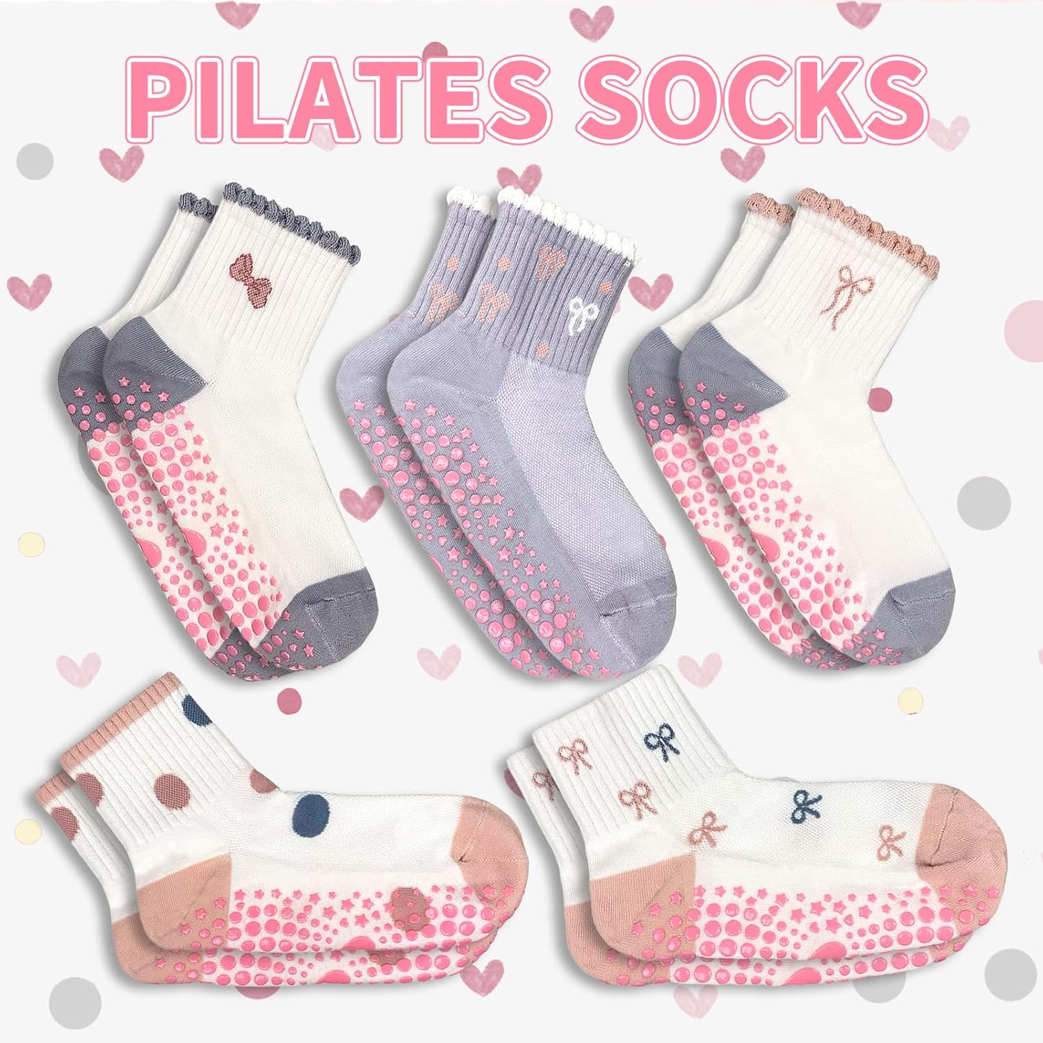 Cute Yoga Socks for Women, Non Slip Grip Pilates Barre Crew Socks with Heart Bow, US Size 5-9 - Image 3