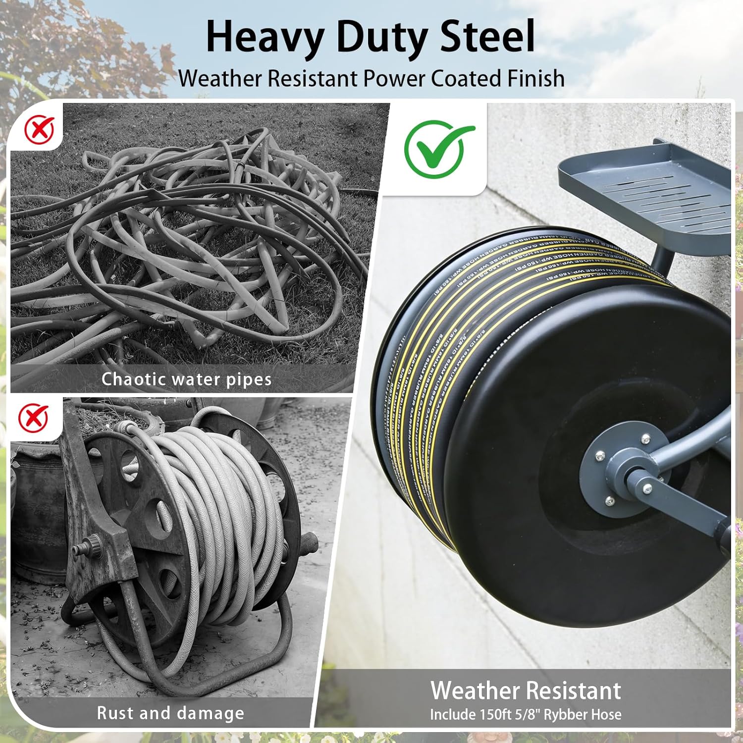 Heavy Duty Wall Mounted Garden Hose Reel – Durable Steel Construction, Come with 130ft Rubber Garden Hose & 5ft Lead-in Hose, Brass Fittings, Easy Crank Handle, Weather Resistant