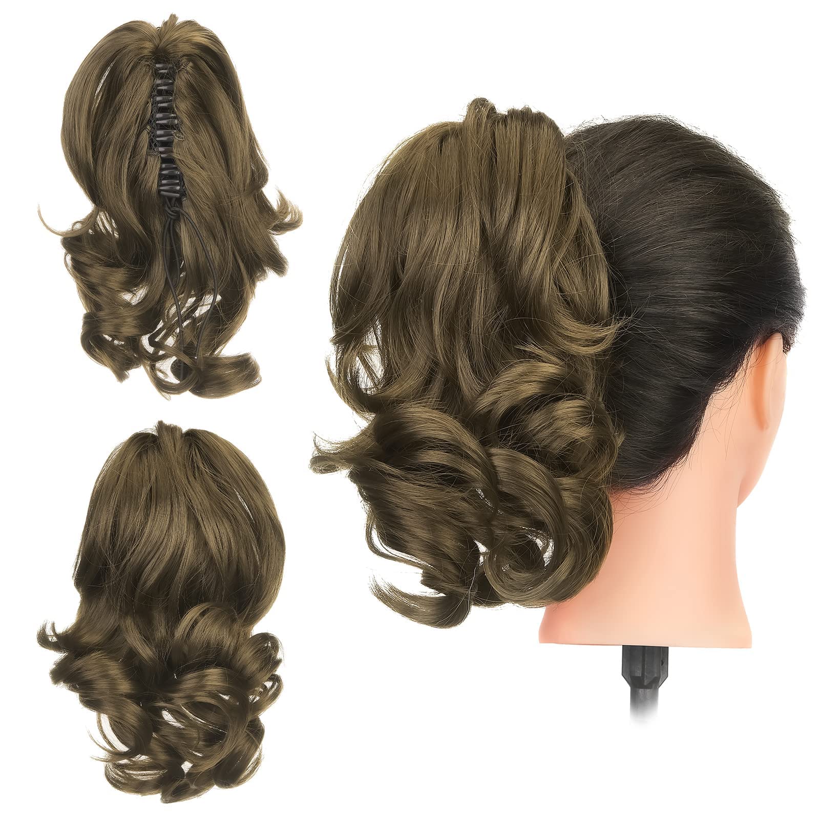 Gairyan 30cm Coda Capelli Extension con Pinza Marrone Chiaro, Posticci per Capelli Sintetici Coda di Cavallo Claw Ponytail Coda Capelli Extension Clip Ricci Mossi Ondulati Lunghi Corti Parrucchino
