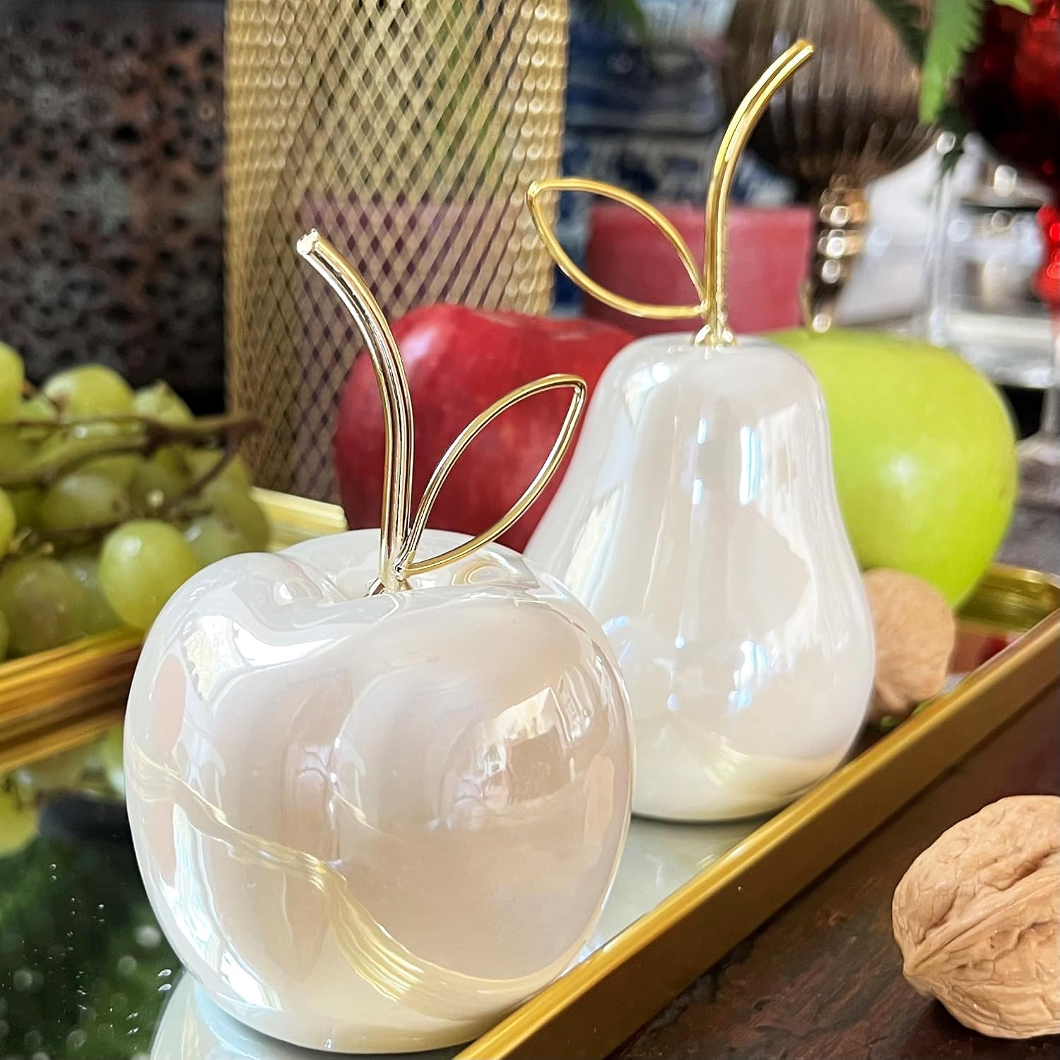 WHW Whole House Worlds Crosby Street Apple and Pear, Set of 2, Ceramic Figurines, Glazed Dolomite, Creamy White, Golden Stems, 4.75 Inches image 2