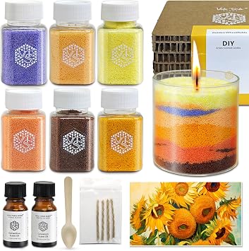 Golden Wheatfield Pearled Candle Set, DIY Sand Candle Making Kit | 11 Oz Sand Wax Beads 6 Colors, 2x10ml Scented Essential Oils, 4 Reusable Wicks, Glass Cup, Home Decor, Handmade Gifts