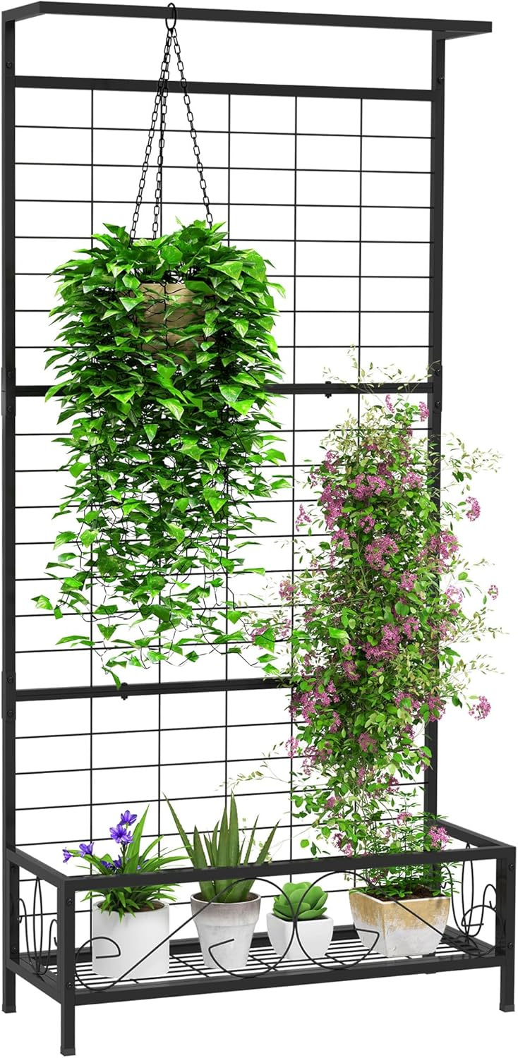 Outsunny Tall Plant Stand with Trellis and Hanging Bar, Metal Plant Holder Flower Stand for Vine Climbing Plants Flowers Indoor Outdoor Use, 36" x 12.8" x 74", Black