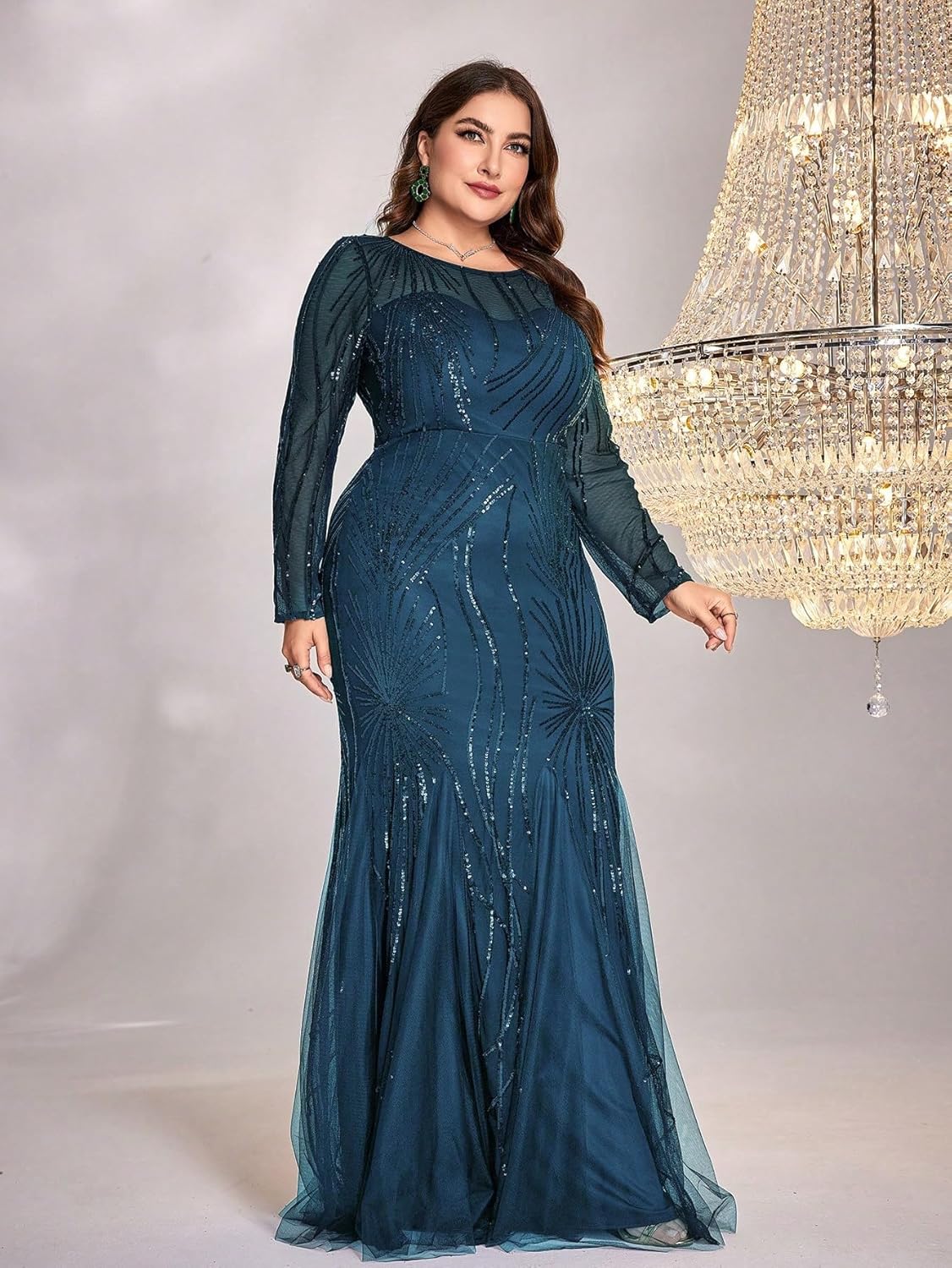 Plus Size Long Sleeve Sequin Evening Dress Glitter Mermaid Long Gown for Mother of The Bride Or Wedding Guest - Image 3