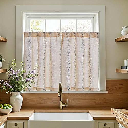 jinchan Katy Linen Floral Kitchen Curtains 36 Inches Length Stripe