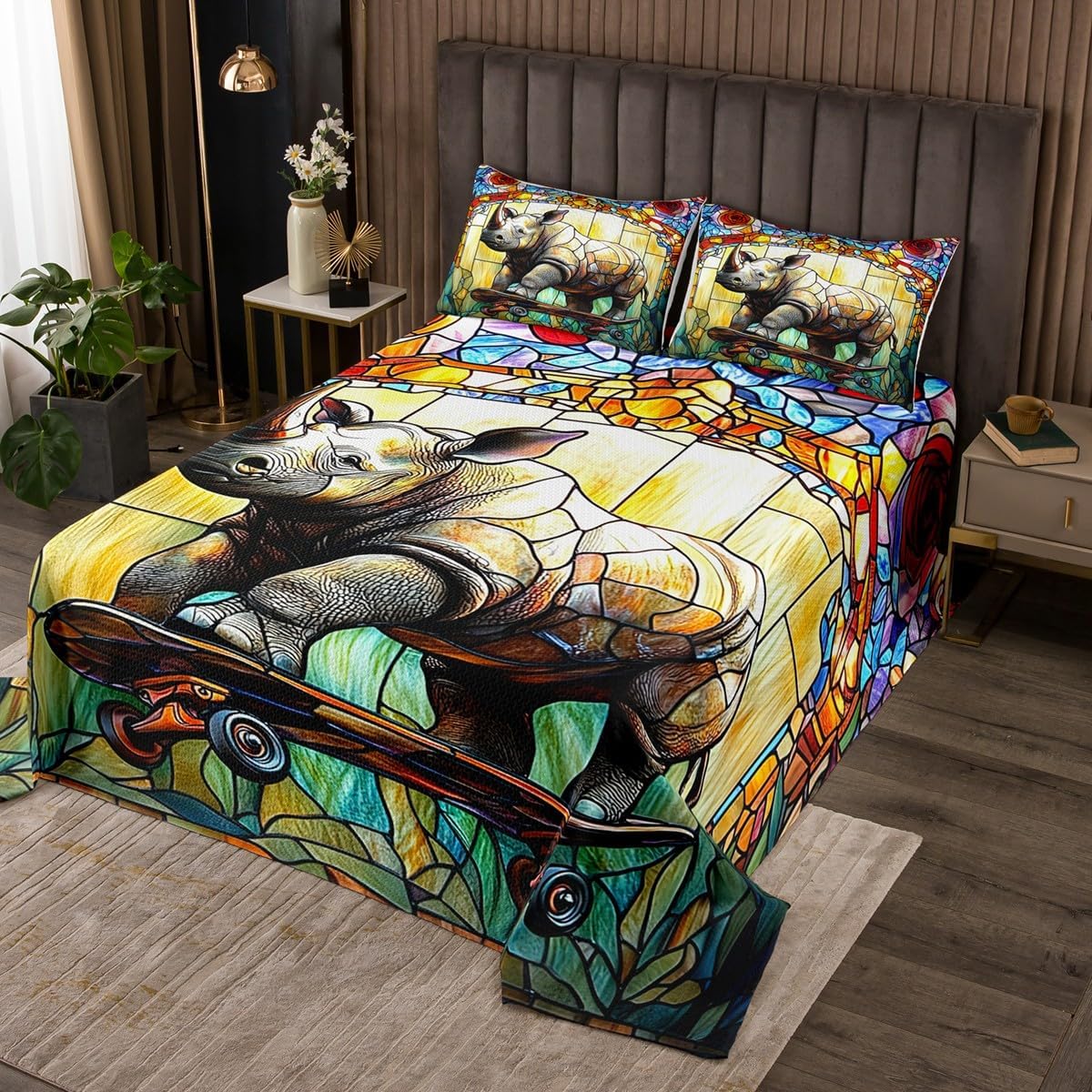 Manfei Rhinoceros Kids Bedspread Twin Size,African Rhino Wild Animal Rustic Coverlet Set,Boys Girls Room Decor,Abstract Geometric Patchwork Quilted Coverlet,Yellow Green Bedding Quilt,1 Pillowcase