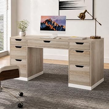 Computer Desk with 7 Drawers, Home Office Desk with Storage, Light Walnut