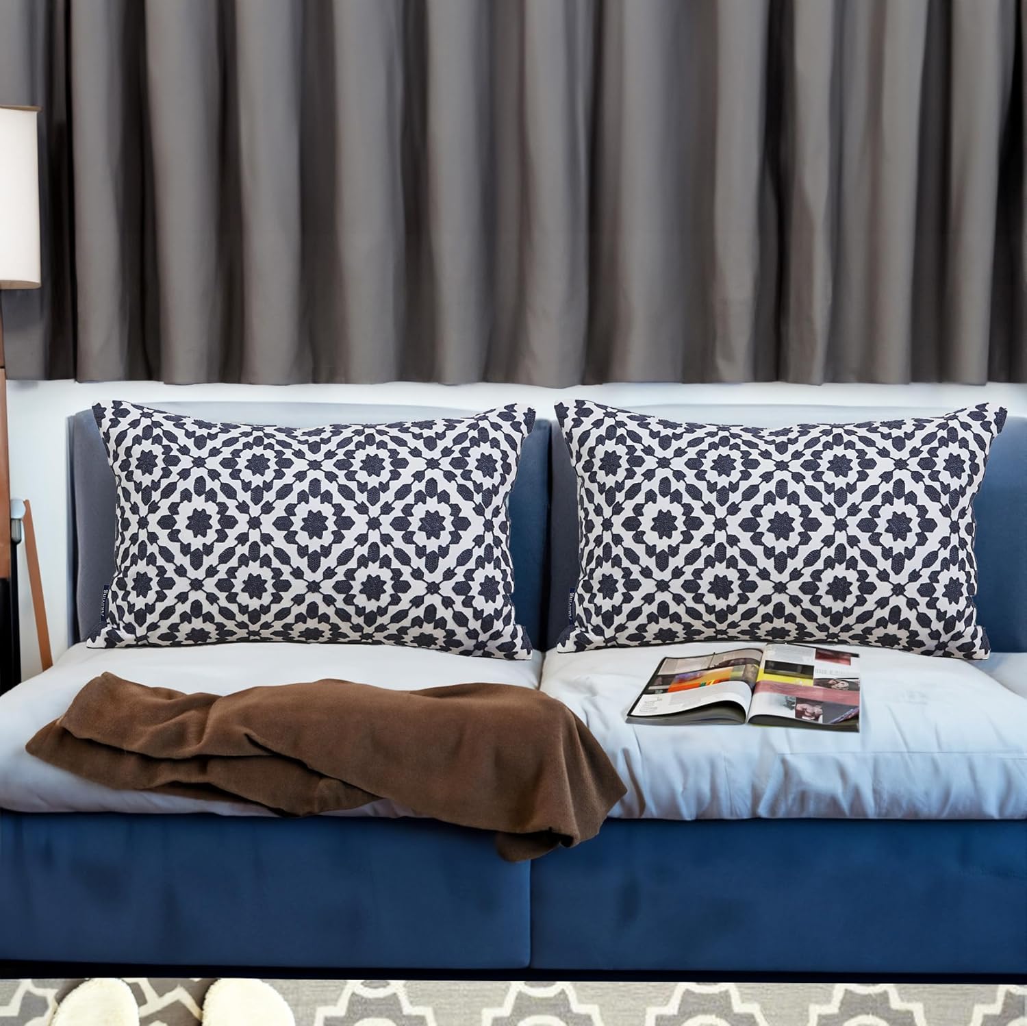 2PCS Pack Aitliving Decorative Throw Pillow Covers Muted Slate Blue Trellis Embroidery Dark Blue Mina Lumbar Pillowcases Cushion Covers Navy Blue Lumbar Pillow Sham 30x50cm for Outdoor Accent Pillows