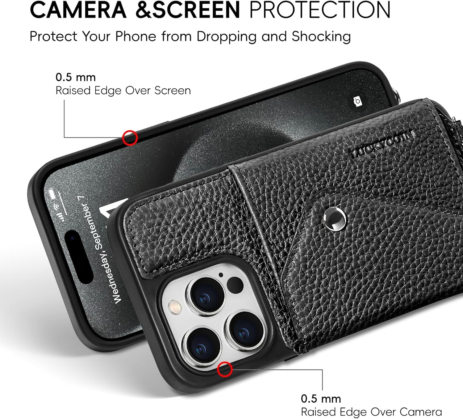 LUCKYCOIN for iPhone 15 Pro Crossbody Wallet Case – Genuine Leather Phone Purse with Adjustable Strap and Card Holder,Lanyard Phone Purse Case for Women,Pebble Grain Black - Image 3