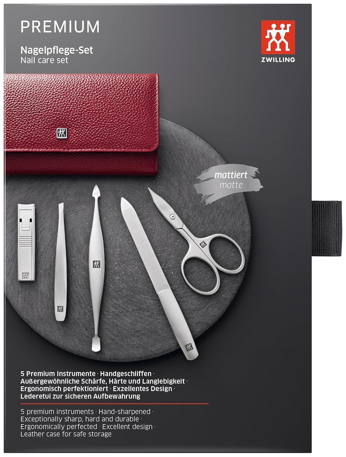 ZWILLING Manicure Set (5 piece, snap button case, nappa leather, pedicure, with nail and cuticle scissors), Premium, Red