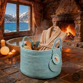 Modern Granny Small Cotton Rope Laundry Basket 16x10 Inch Dual Secure Woven Handle for Living Room Closet Clothes Blanket Organization