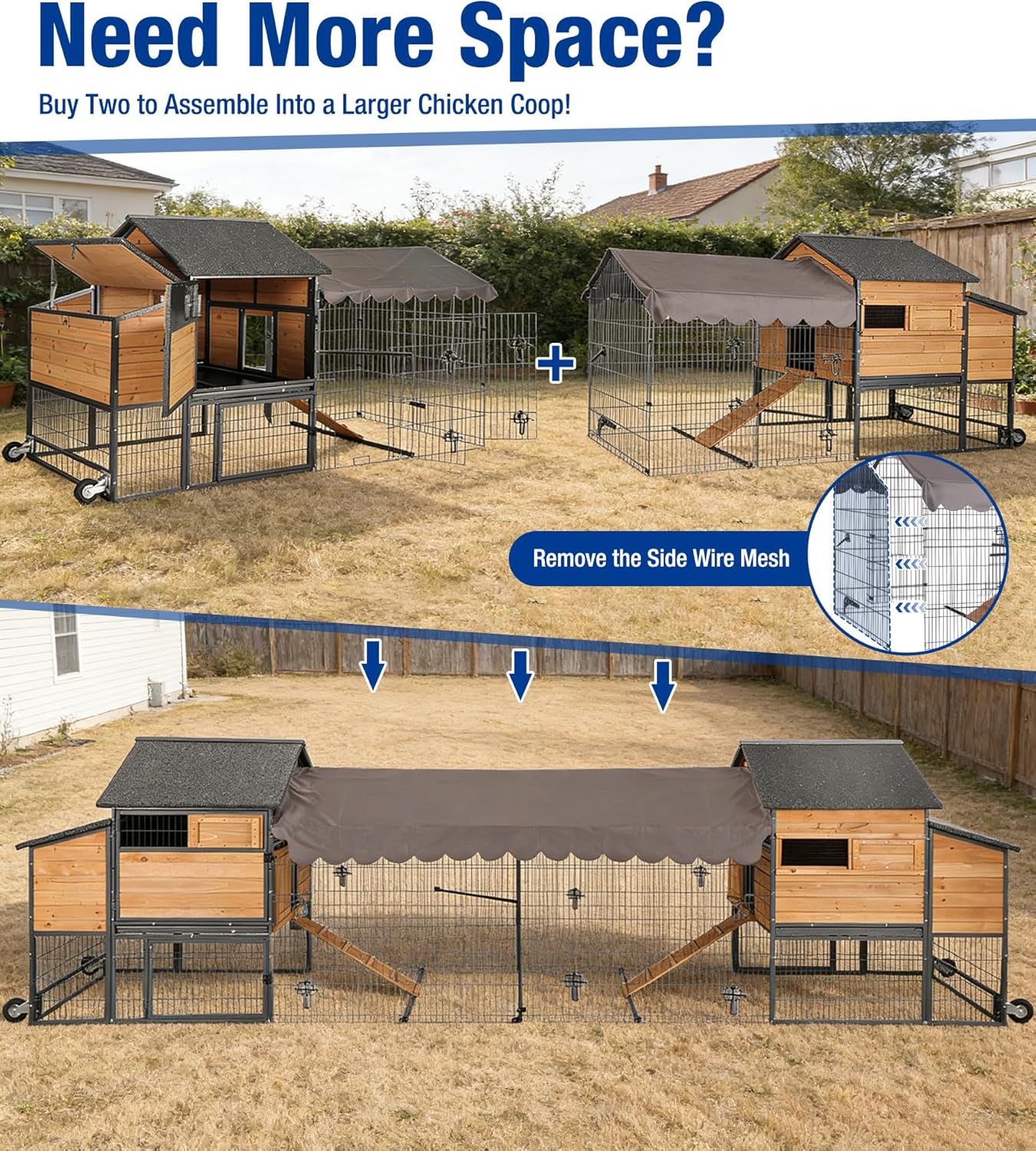 Large Chicken Coop with Wheels, Upgraded with All-Arounded Iron Frame Chicken Tractor, Poultry Chicken House with Large Run, Waterproof Roof, Expandable Nesting Box, 85" L for 5-7 Chickens