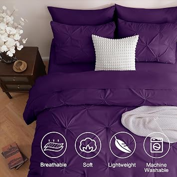 DOWNCOOL Queen Comforter Set, 7 Pieces Purple Pintuck Bed in a Bag